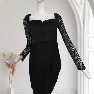 Marciano Black Cocktail Dress with Bishop Sleeves and Square Neck